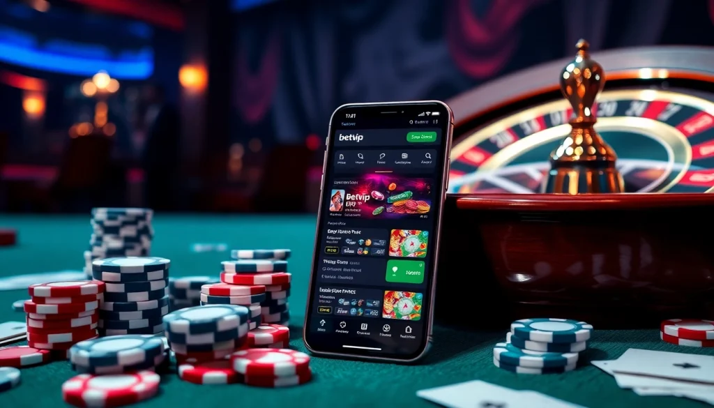 Trải nghiệm sự hồi hộp của cá cược với ứng dụng BetVIP giữa các chip casino và những lá bài.
