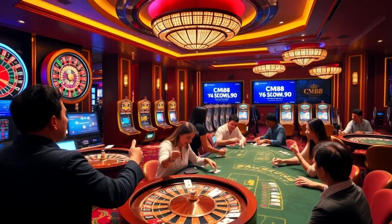 Engage with CM88 gaming in a luxurious casino featuring roulette and blackjack.