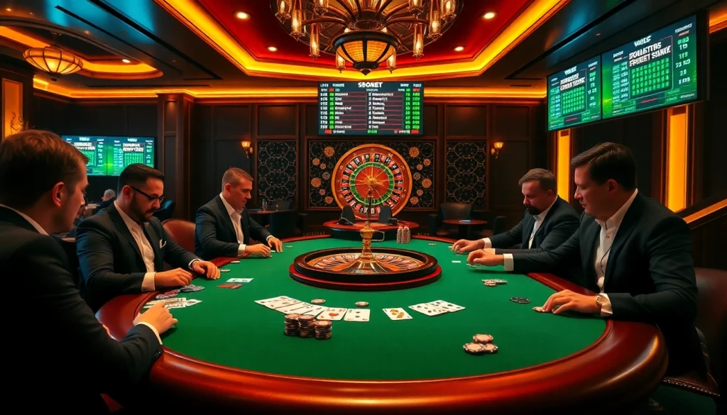 Exciting casino gameplay showcasing sbobet poker action with vibrant lighting and professional gamblers.