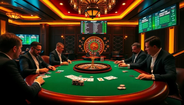 Exciting casino gameplay showcasing sbobet poker action with vibrant lighting and professional gamblers.