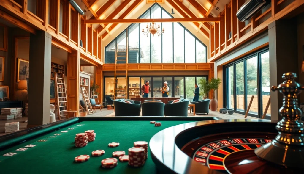 Engage in house extension construction while enjoying a vibrant casino atmosphere with poker chips and a roulette wheel.