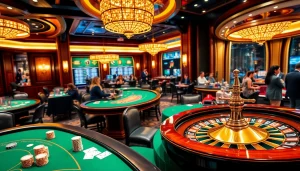 Experience the excitement of GO99 at a luxurious casino with vibrant tables and spinning roulette wheel.