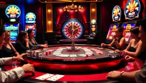 IWIN68 gaming table with poker chips and cards in a luxurious casino setting