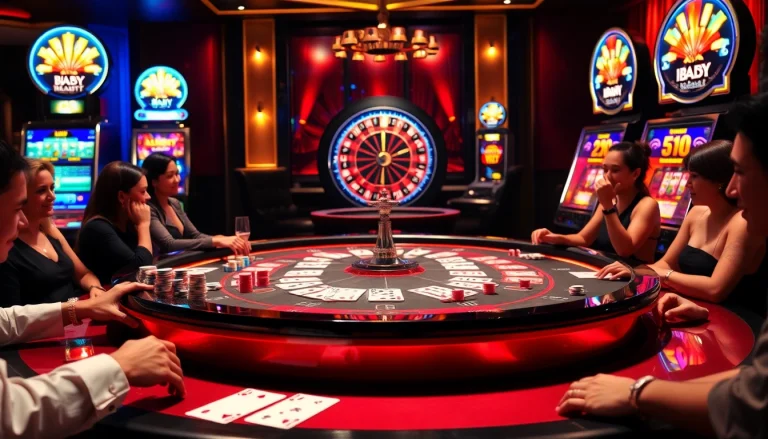 IWIN68 gaming table with poker chips and cards in a luxurious casino setting