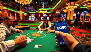 GG88 players strategizing at a glamorous poker table in a high-end casino environment.