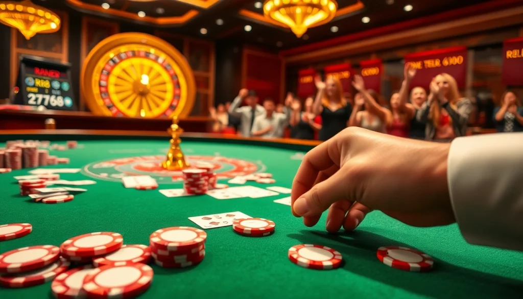 High-stakes casino action with players engaging on a RR88 themed slot machine and vibrant gaming tables.