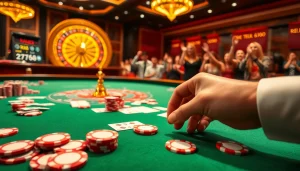 High-stakes casino action with players engaging on a RR88 themed slot machine and vibrant gaming tables.