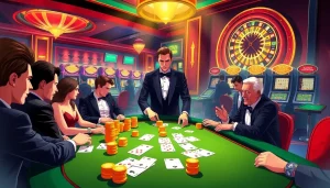 Man88 gamblers celebrating their victories at a luxurious casino poker table.