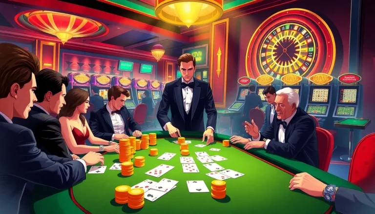 Man88 gamblers celebrating their victories at a luxurious casino poker table.