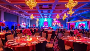 Las Vegas Party Rentals featuring vibrant tables, colorful linens, and festive decorations for an exciting event atmosphere.