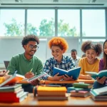Education environment with diverse students collaborating in a modern classroom.