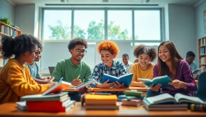 Education environment with diverse students collaborating in a modern classroom.