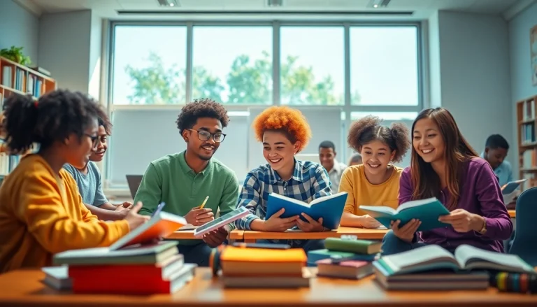 Education environment with diverse students collaborating in a modern classroom.
