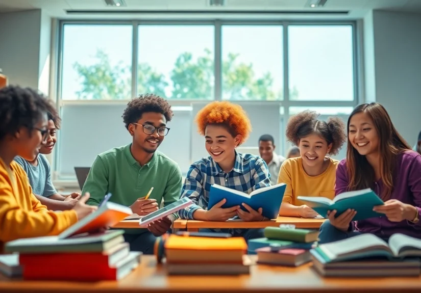 Education environment with diverse students collaborating in a modern classroom.