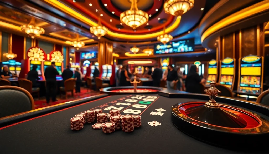 rr88 kjc players engaging at a luxurious casino table with poker chips and cards.