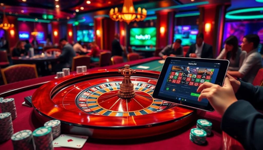 Nohu90 engaging gamblers at a luxurious casino table with vibrant poker chips and cards.