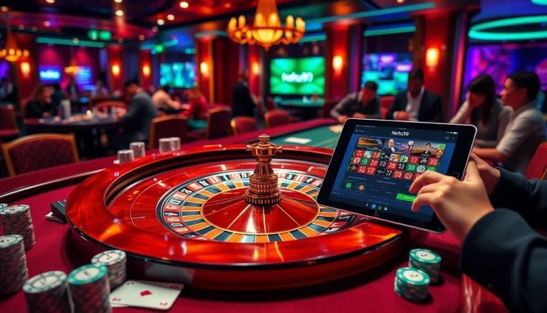 Nohu90 engaging gamblers at a luxurious casino table with vibrant poker chips and cards.