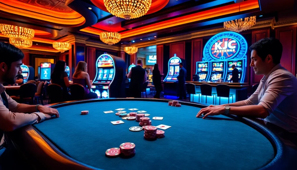 KJC poker table in a luxury casino with excited players and glittering chips.