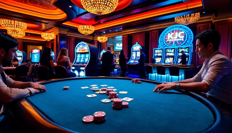 KJC poker table in a luxury casino with excited players and glittering chips.