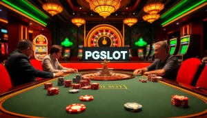 Thrilling PGSLOT gaming scene featuring an elegant casino table and vibrant slot machines.