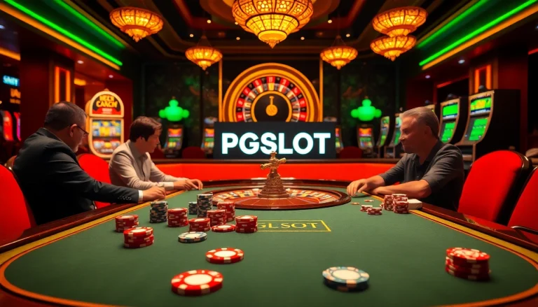 Thrilling PGSLOT gaming scene featuring an elegant casino table and vibrant slot machines.
