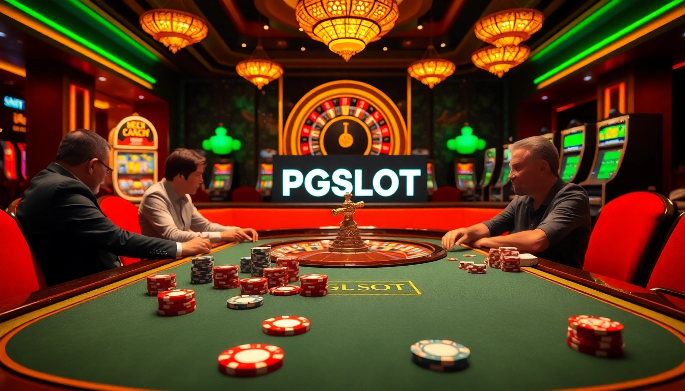 Thrilling PGSLOT gaming scene featuring an elegant casino table and vibrant slot machines.