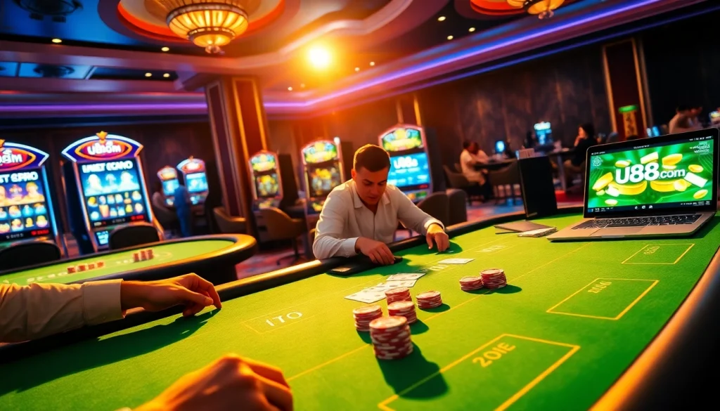 Experience thrilling gameplay at u888 com with poker chips and vibrant casino tables.