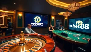 Engaging scene at nhà cái tobet88 showcasing vibrant casino gameplay with roulette wheel and poker chips.