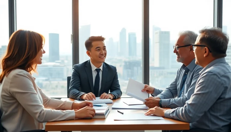 Migration agent in Australia consulting diverse clients in a modern office.