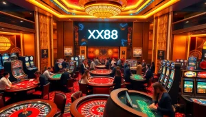 Experience the thrilling action at XX88 casino with players engaged in poker and roulette.