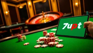 7upbet online betting interface showcased at an exciting casino table with poker chips and cards.