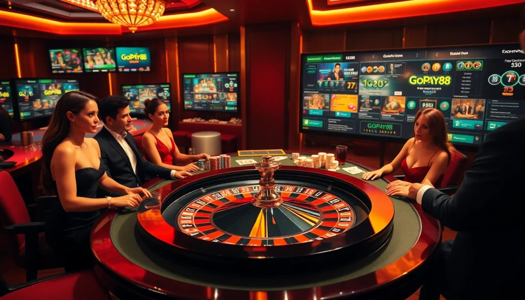 Experience the thrill of winning with Gopay88 Daftar at a vibrant casino with players and roulette.