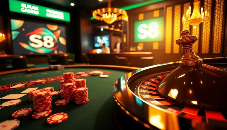 Experience the excitement of S8 casino with a vibrant poker table, roulette wheel, and colorful chips.