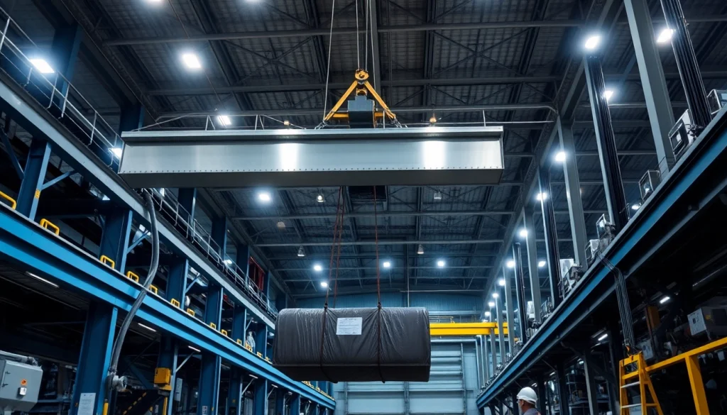 Bridge crane lifting heavy materials in a modern industrial environment.