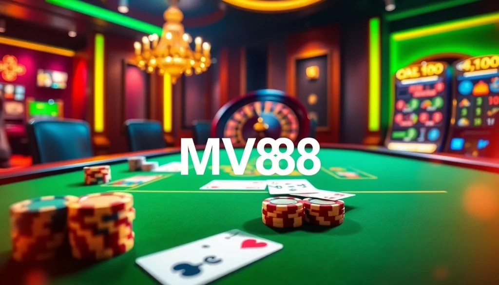 Experience the thrill of online gaming at Nhà cái MV88 with an elegant casino setup featuring poker and roulette.
