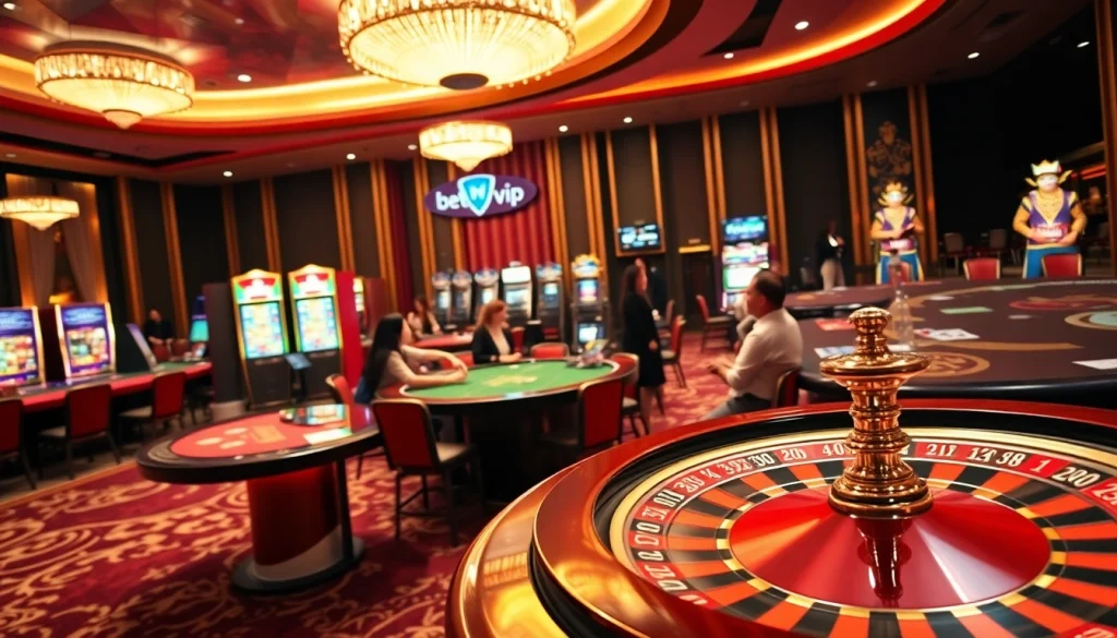 Cảnh hấp dẫn tại một casino quy mô lớn với người chơi đang sử dụng BetVIP để tăng hứng khởi cá cược.