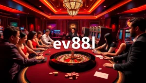 Players strategizing at a dynamic casino table with ev88d branding visible.