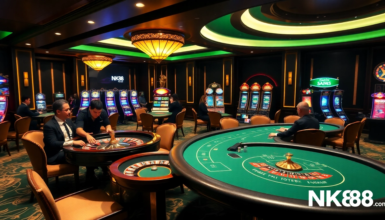 Exciting casino scene showcasing players engaging in games at NK88 casino and online interface.