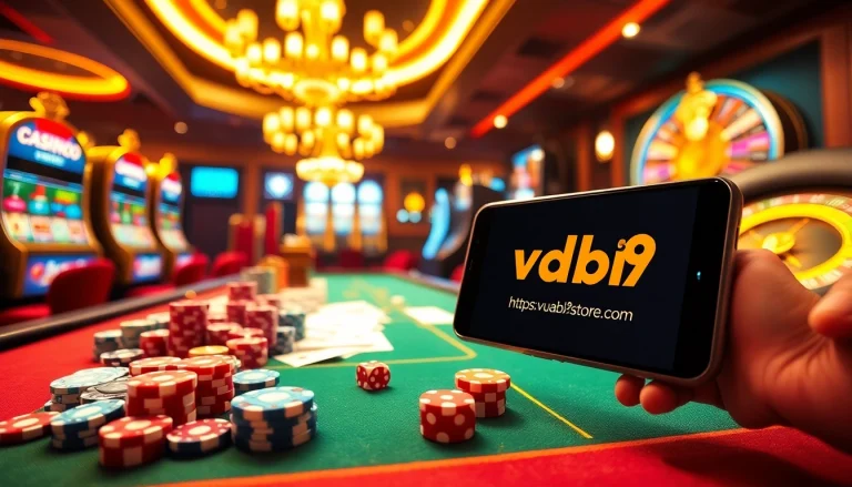 Engaging scene of online gambling at https://vuabai9.store/ with poker chips and a smartphone showing bets.