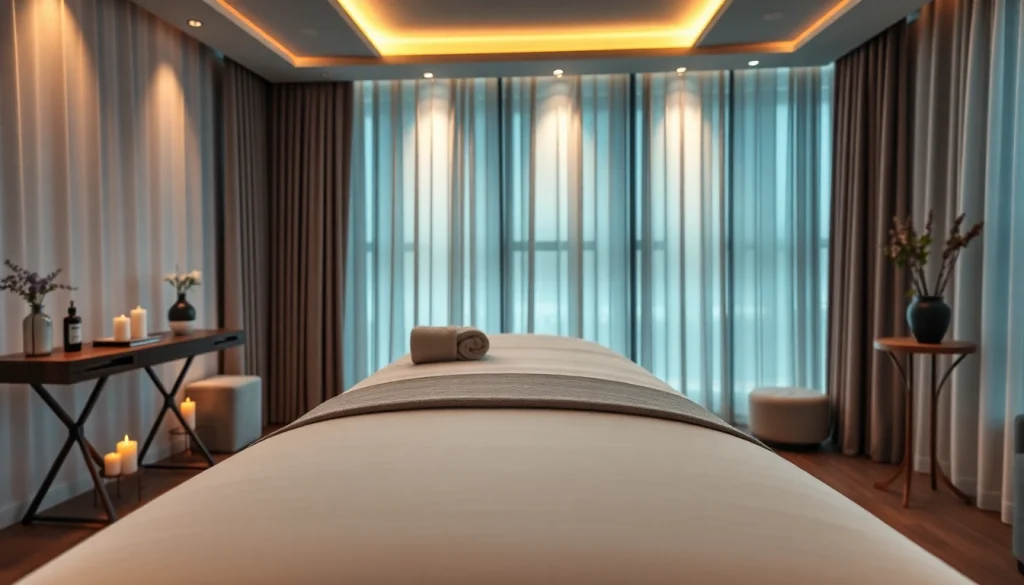 출장마사지 service in a serene hotel room with a massage table, essential oils, and calming ambiance.