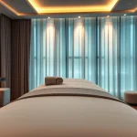 출장마사지 service in a serene hotel room with a massage table, essential oils, and calming ambiance.