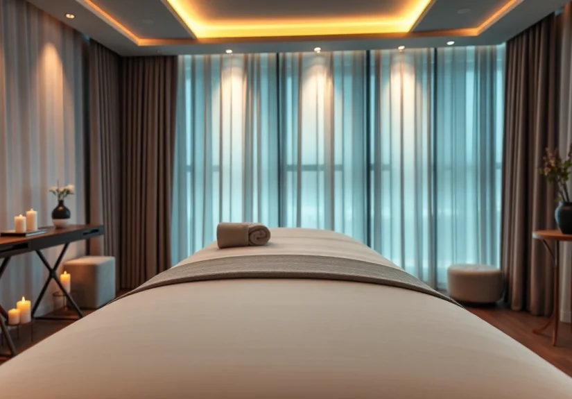 출장마사지 service in a serene hotel room with a massage table, essential oils, and calming ambiance.