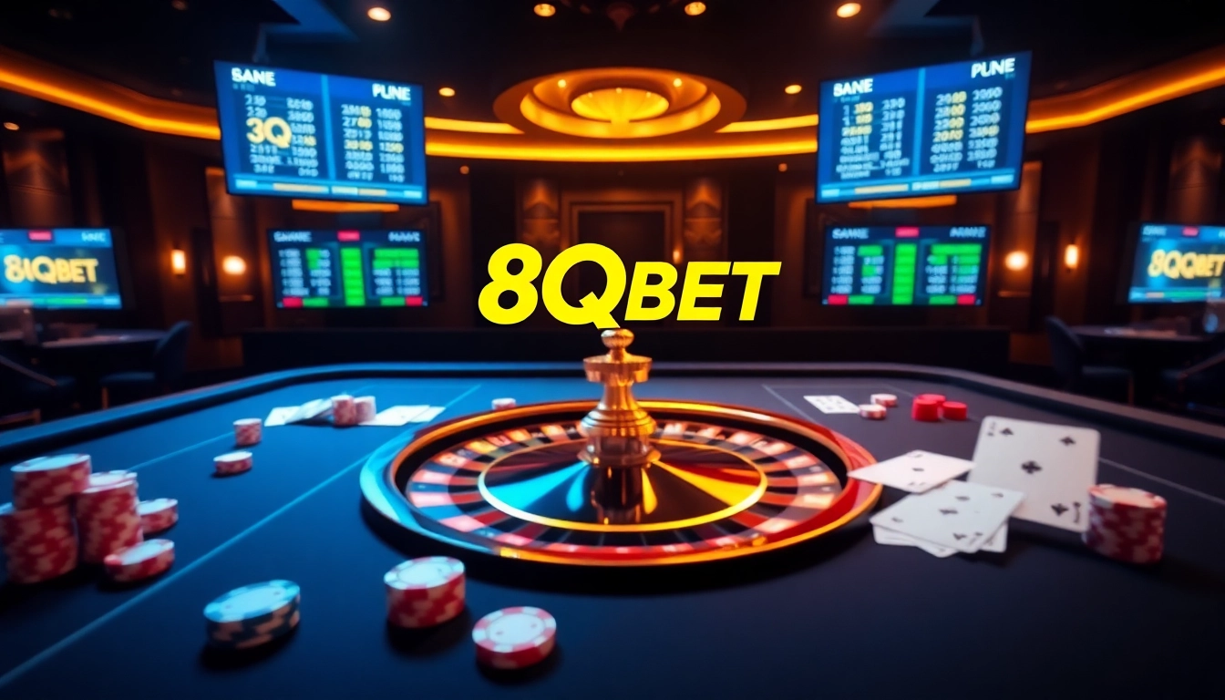 Experience the thrilling atmosphere of 8qbet with vibrant casino visuals featuring dice, cards, and roulette wheels.
