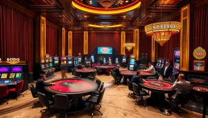 SODO-themed casino scene with blackjack tables and vibrant slot machines in luxurious setting.