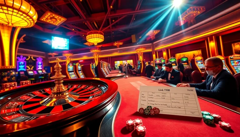 Experience the excitement of gambling with Link TK88 showcased on vibrant casino tables and slot machines.