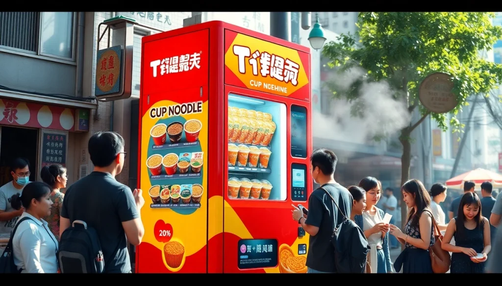 Cup noodle vending machine offering hot noodles in a vibrant urban setting for quick meals.