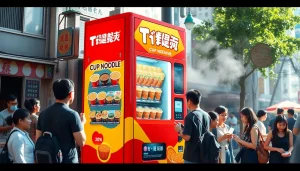 Cup noodle vending machine offering hot noodles in a vibrant urban setting for quick meals.