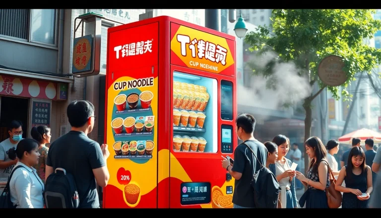 Cup noodle vending machine offering hot noodles in a vibrant urban setting for quick meals.