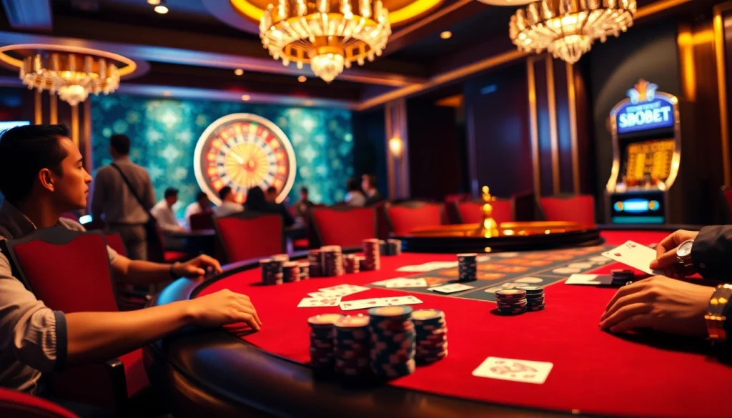 SBOBET players engaged in high-stakes poker, surrounded by vibrant casino excitement and luxury.