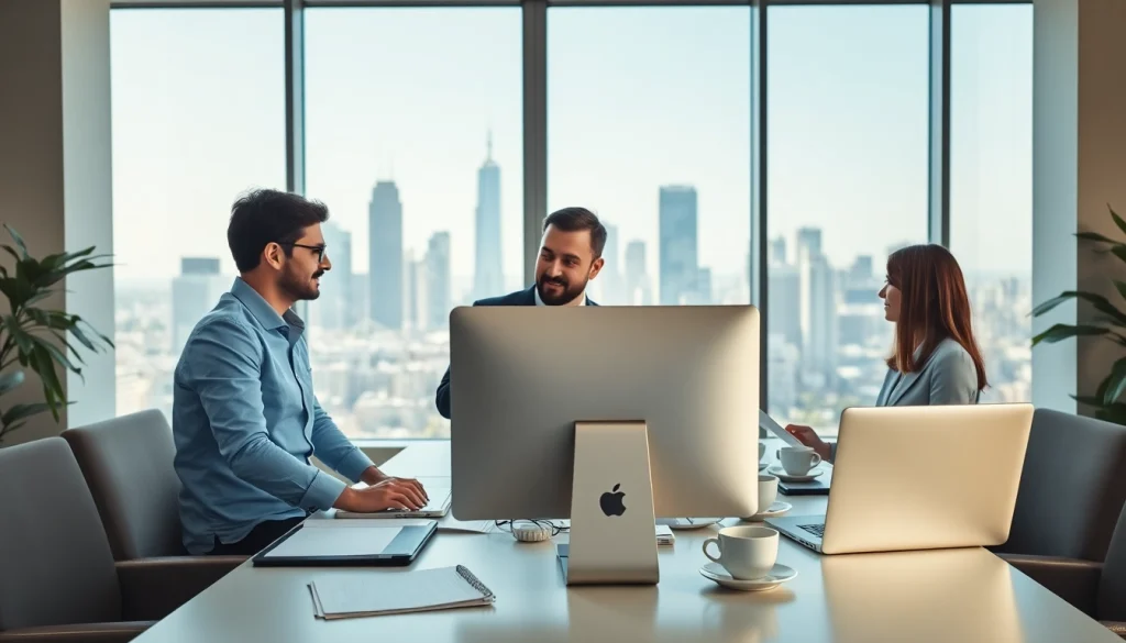 Engaged team of Quickplus Business Consultants collaborating in a modern office.